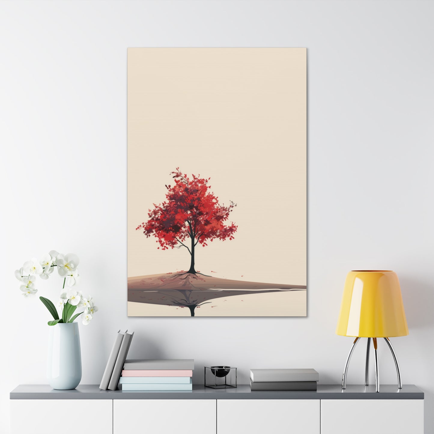 Lone Tree with Red Leaves - Portrait Illustration Canvas Gallery Wraps