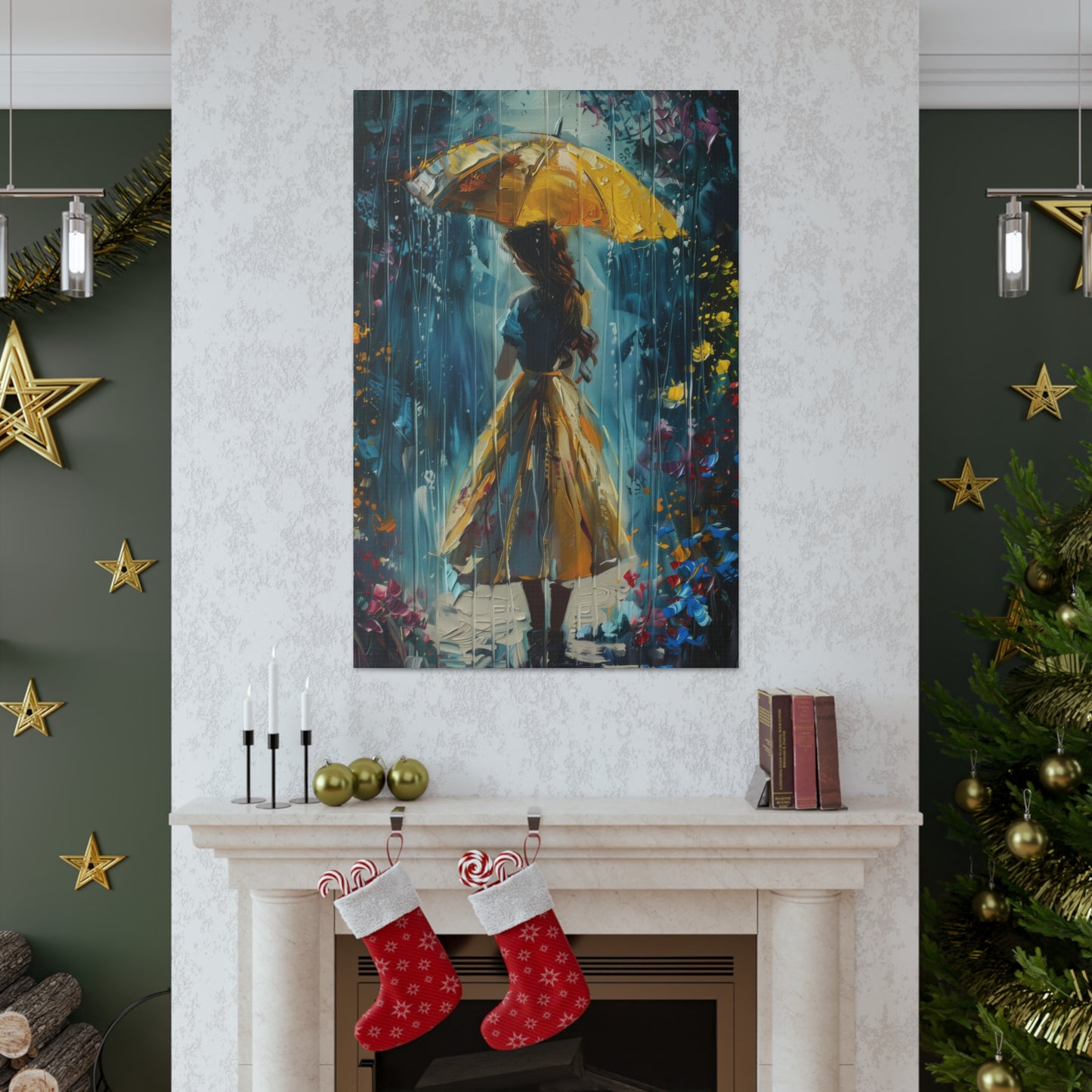 girl with an umbrella in rain - Leonid Afremov Style Digital Print Canvas Gallery Wraps