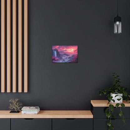 Dreamy Landscape Sunset with Waterfall and Mountains - Digital Illustration Canvas Gallery Wraps