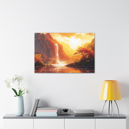 Dreamy Landscape Sunset with Waterfall and Mountains - Digital Illustration Canvas Gallery Wraps