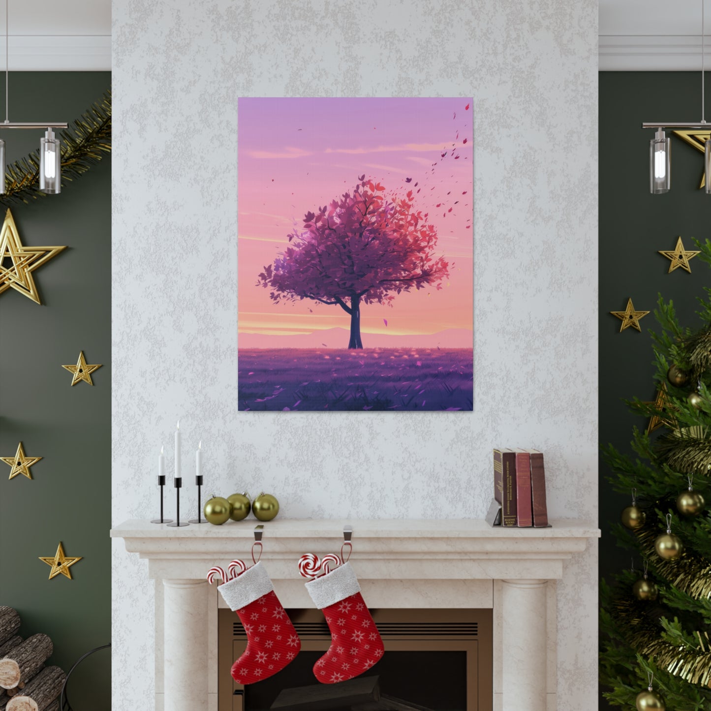 Tree in a Purple Sunset Digital Illustration Canvas Gallery Wraps