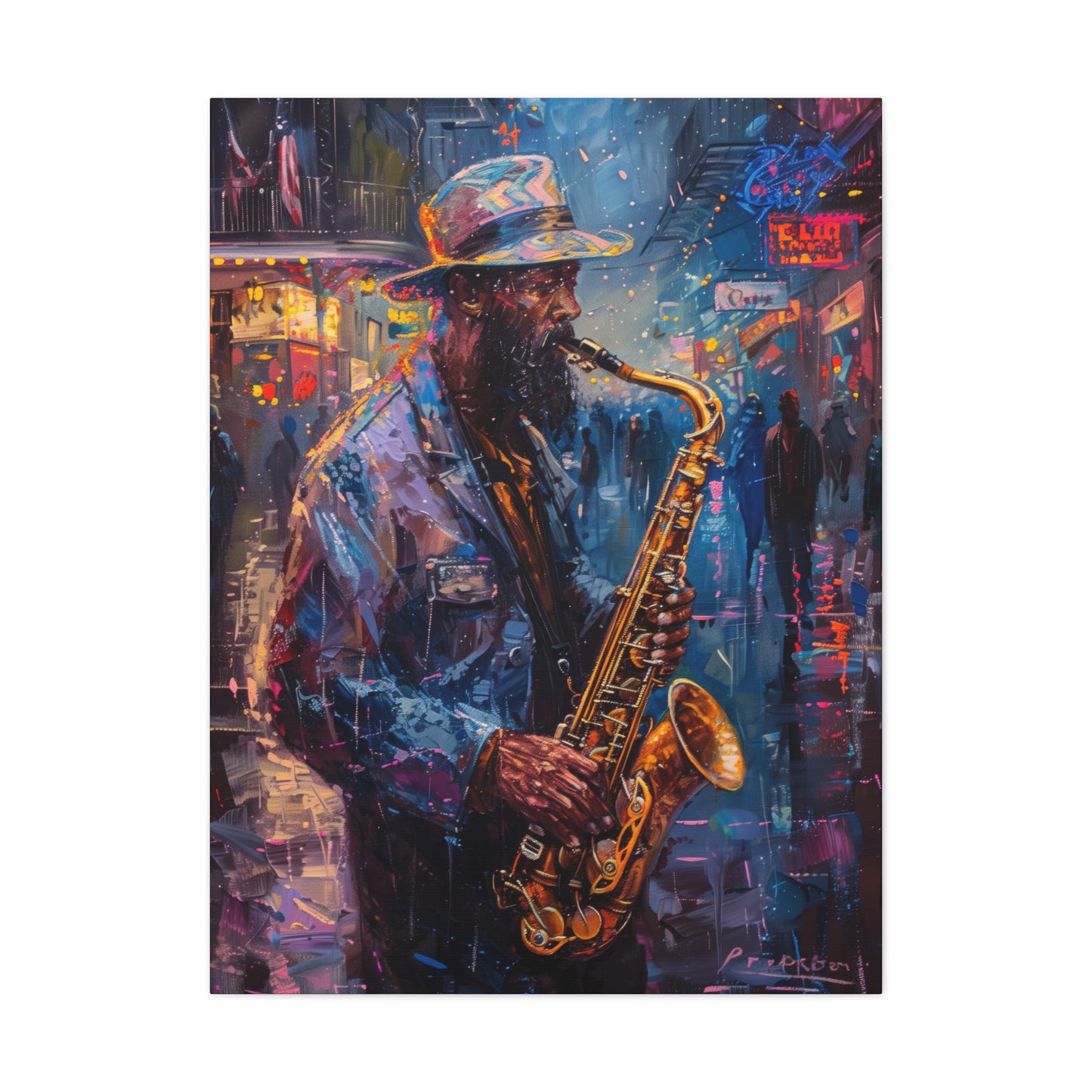 Man Playing Horn on the Street - Rembrandt Style Digital Oil Painting Canvas Gallery Wraps