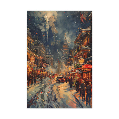 Christmas Street Corner in Downtown - Rembrandt Style Digital Oil Painting Canvas Gallery Wraps