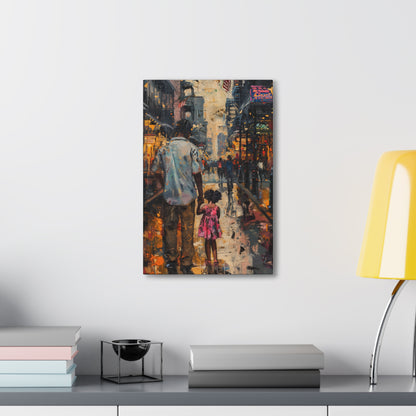 Father and Daughter Walking on the Street - Rembrandt Style Digital Oil Painting Canvas Gallery Wraps