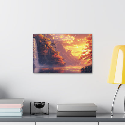 Dreamy Landscape - Waterfall and Mountains in Golden Morning Illustration Canvas Gallery Wraps