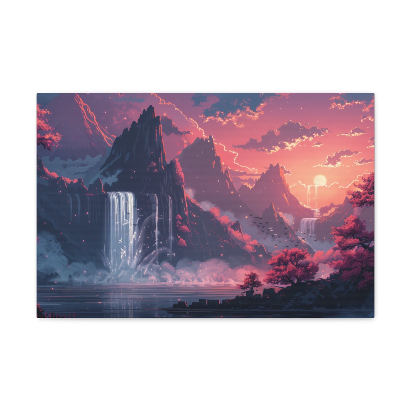 Dreamy Landscape Sunset with Waterfall and Mountains - Digital Illustration Canvas Gallery Wraps