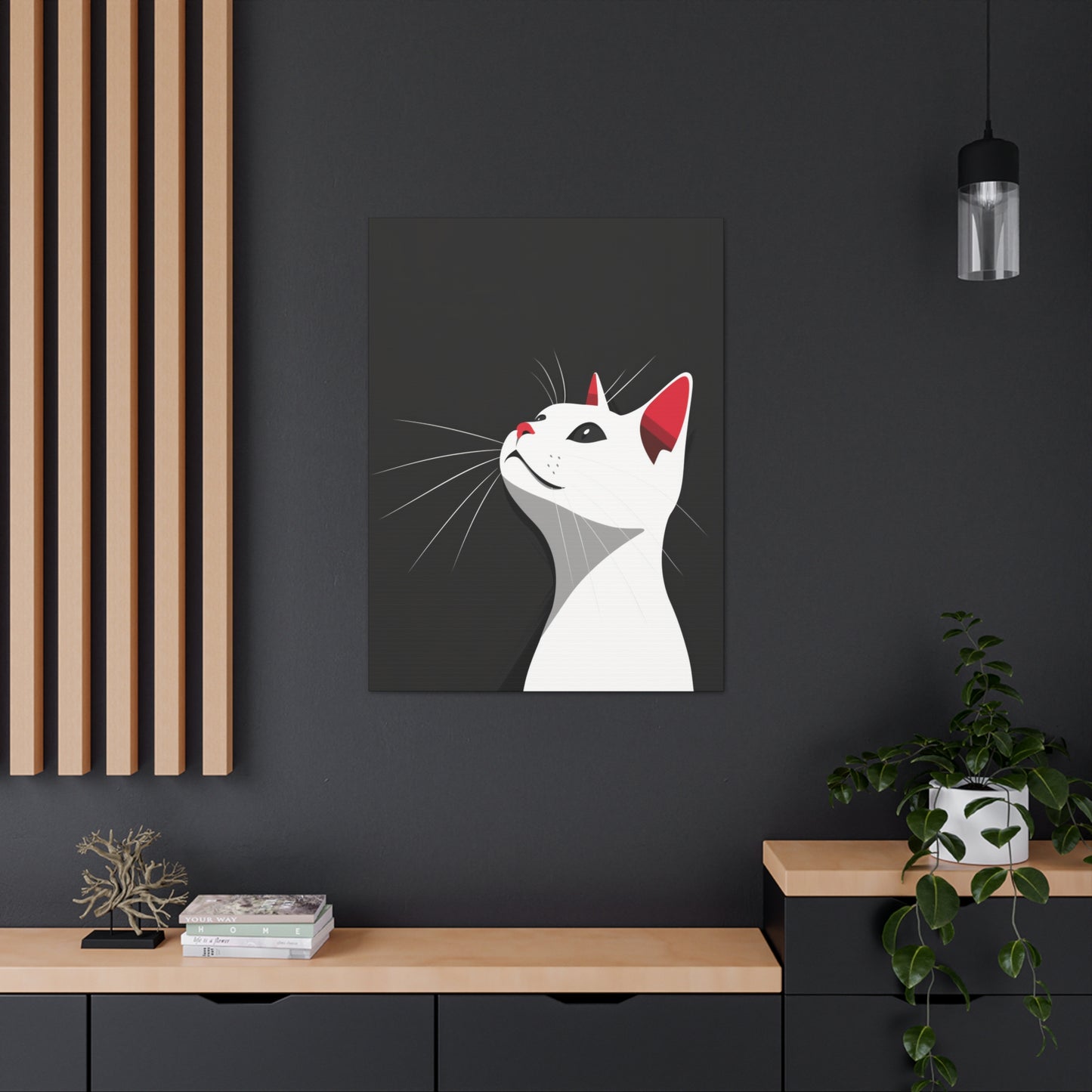 White Cat in Black Background Digital Illustration Canvas Gallery Wraps