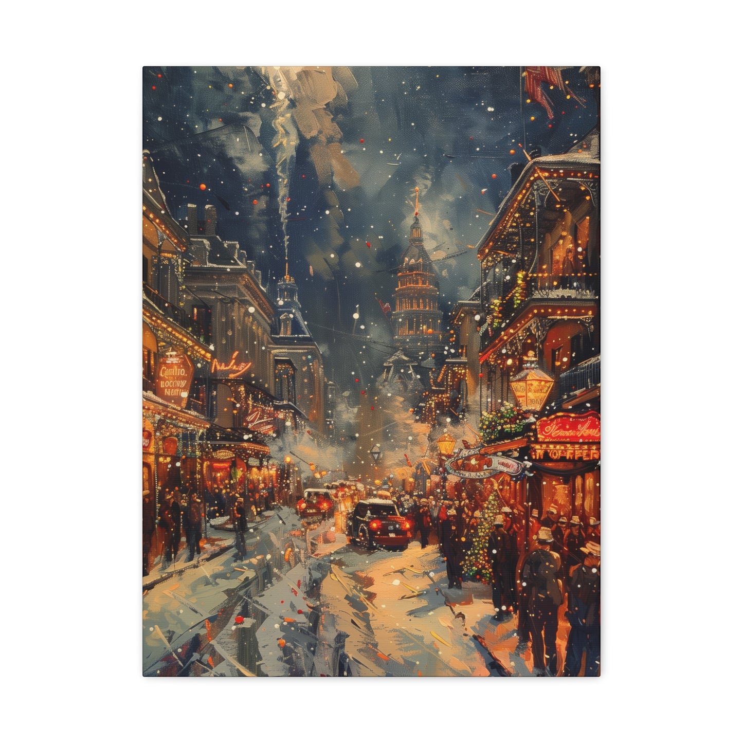 Christmas Street Corner in Downtown - Rembrandt Style Digital Oil Painting Canvas Gallery Wraps