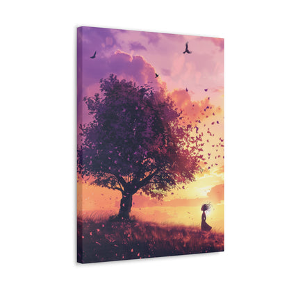 Tree in a Purple Sunset Digital Illustration Canvas Gallery Wraps