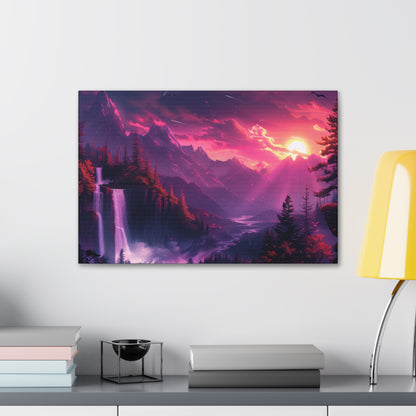 Dreamy Landscape with Waterfall and Mountains - Purple Evening Digital Illustration Canvas Gallery Wraps