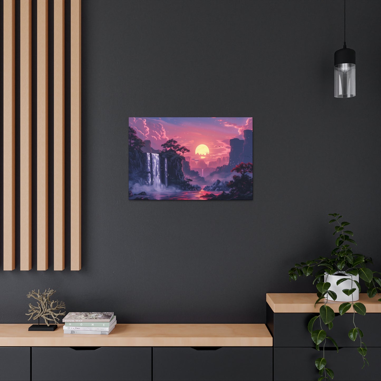 Dreamy Landscape with Waterfall and Mountains - Purple Evening Digital Illustration Canvas Gallery Wraps