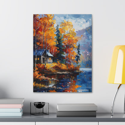 a house near the river which flows through autumn forest - Leonid Afremov Style Digital Print Canvas Gallery Wraps