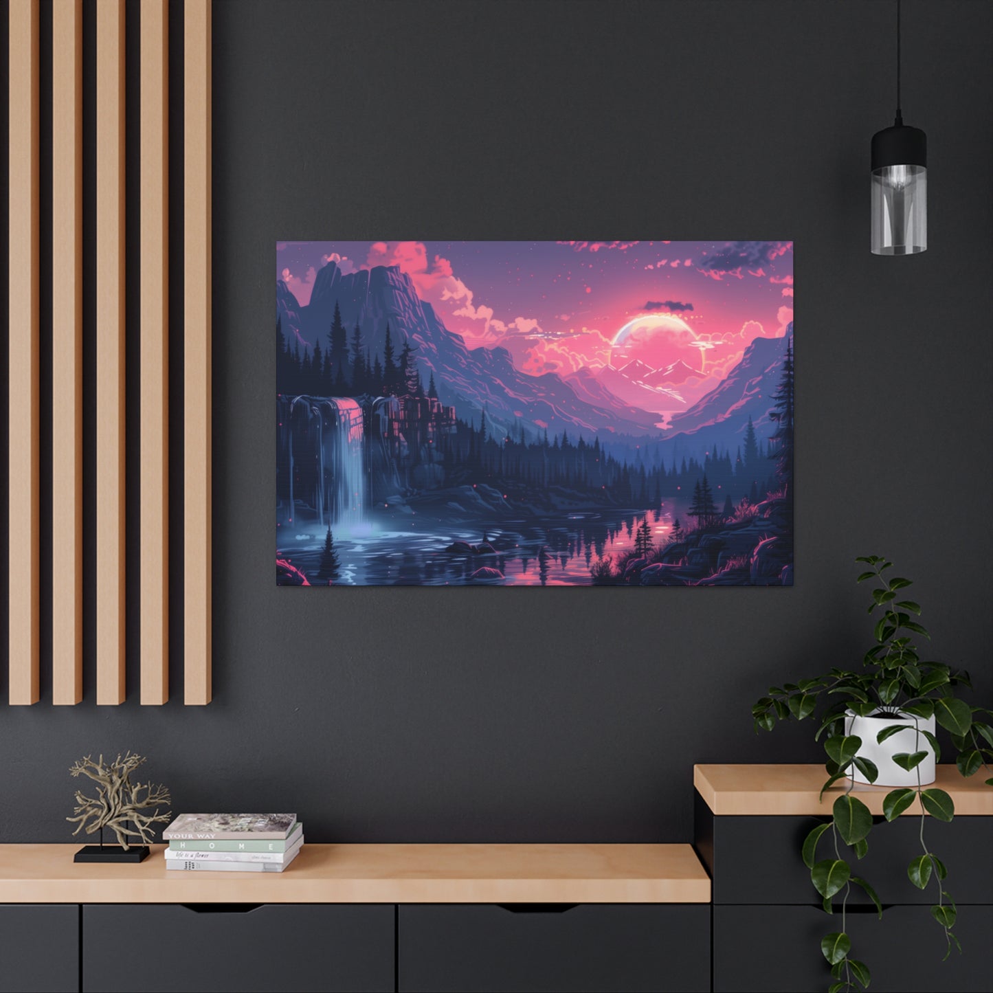 Dreamy Landscape Sunset with Waterfall and Mountains -  Digital Illustration Canvas Gallery Wraps