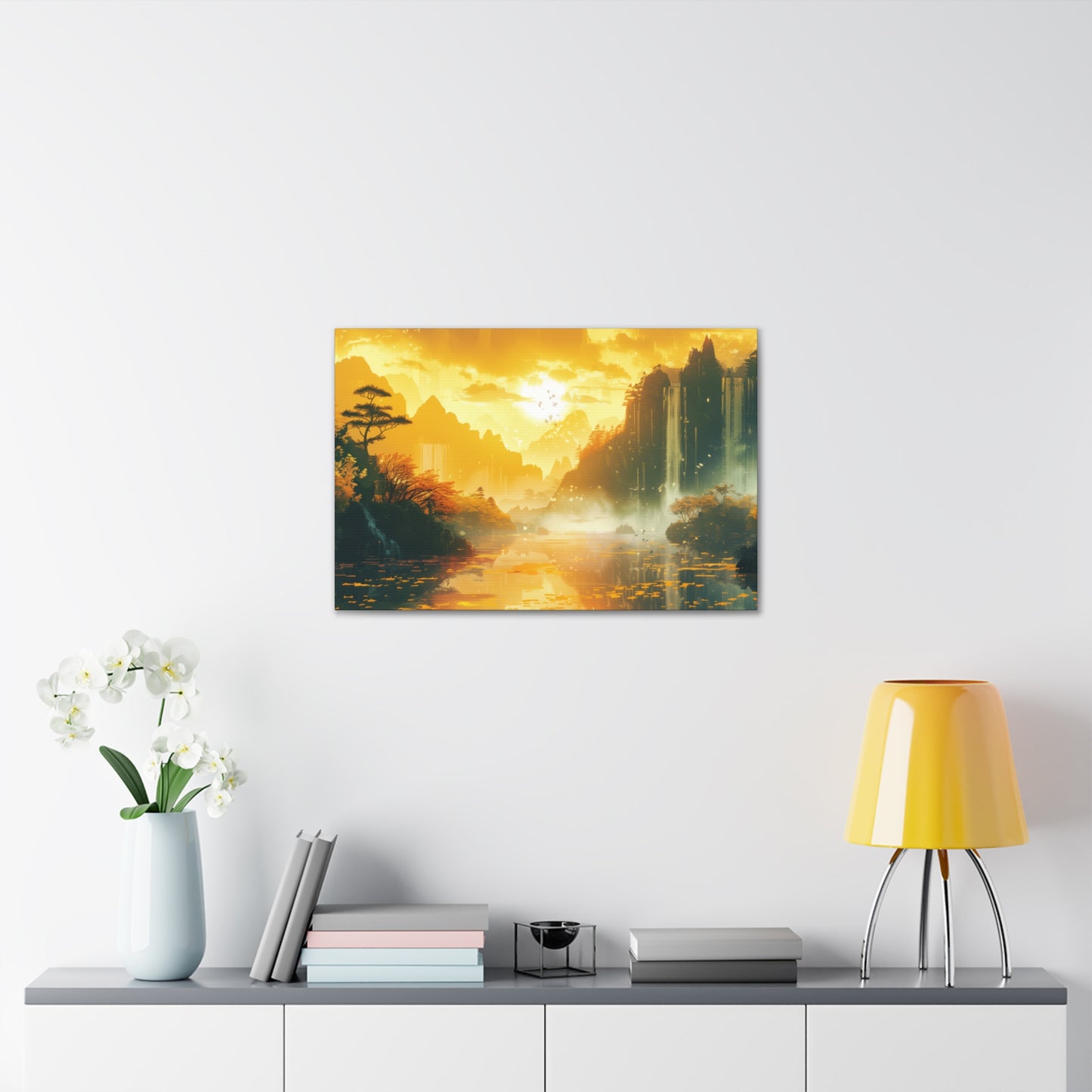 Dreamy Landscape Sunset with Waterfall and Mountains - Digital Illustration Canvas Gallery Wraps