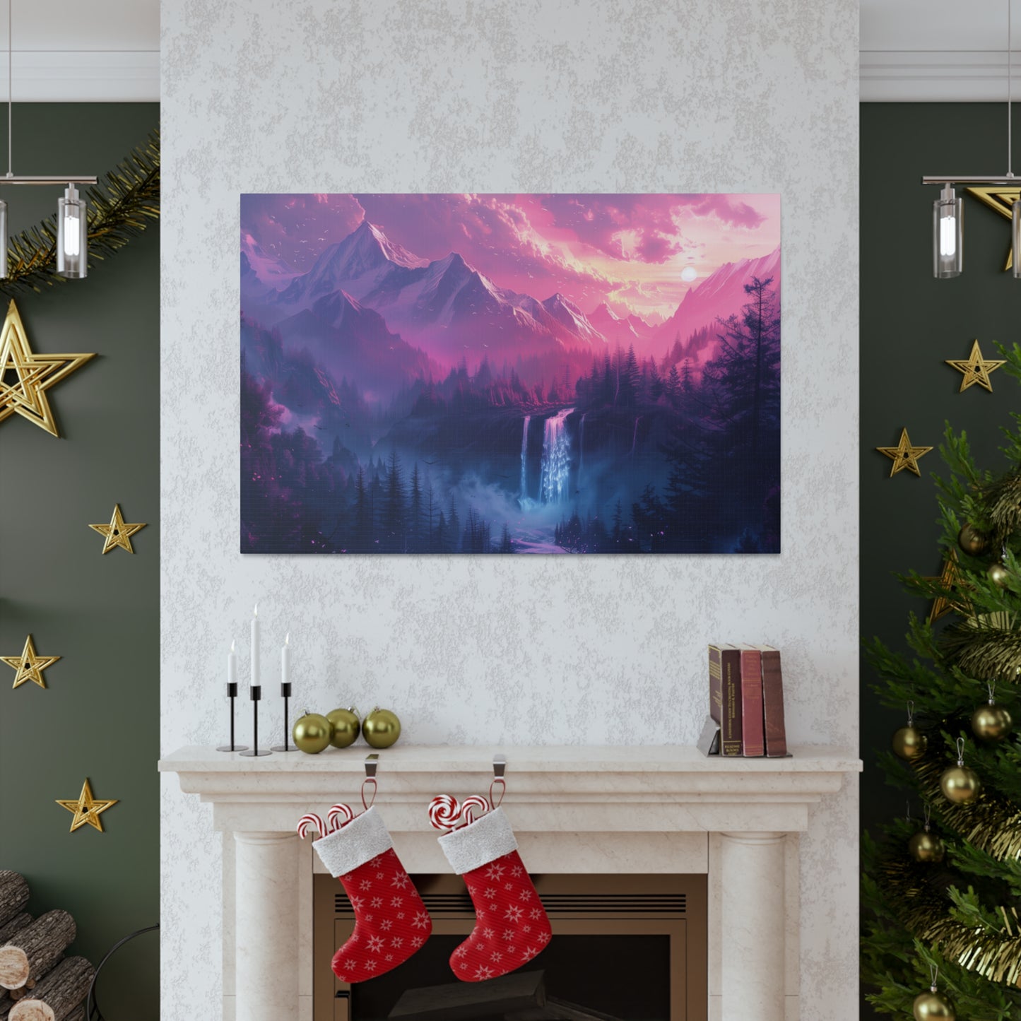 Dreamy Landscape Sunset with Waterfall and Mountains - Digital Illustration Canvas Gallery Wraps