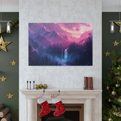 Dreamy Landscape Sunset with Waterfall and Mountains - Digital Illustration Canvas Gallery Wraps