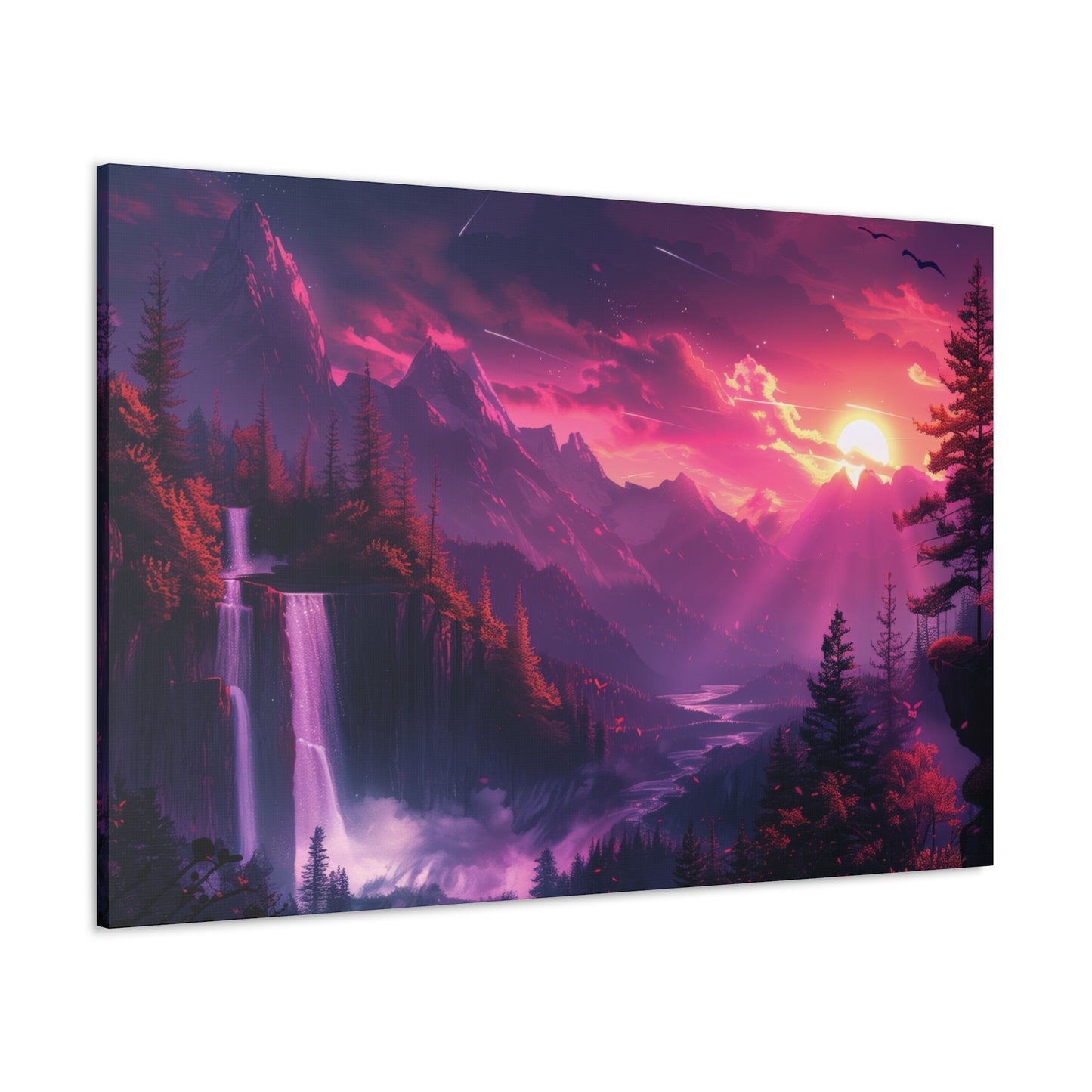 Dreamy Landscape with Waterfall and Mountains - Purple Evening Digital Illustration Canvas Gallery Wraps