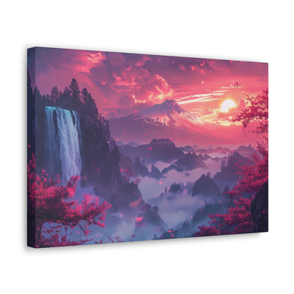 Dreamy Landscape Sunset with Waterfall and Mountains - Digital Illustration Canvas Gallery Wraps