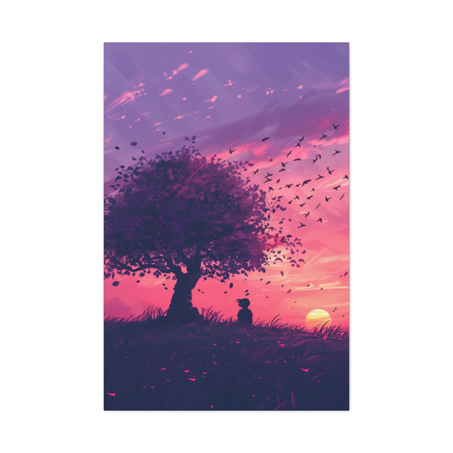 Tree in a Purple Sunset Digital Illustration Canvas Gallery Wraps