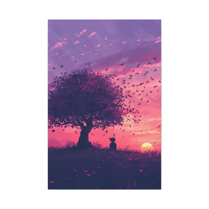 Tree in a Purple Sunset Digital Illustration Canvas Gallery Wraps