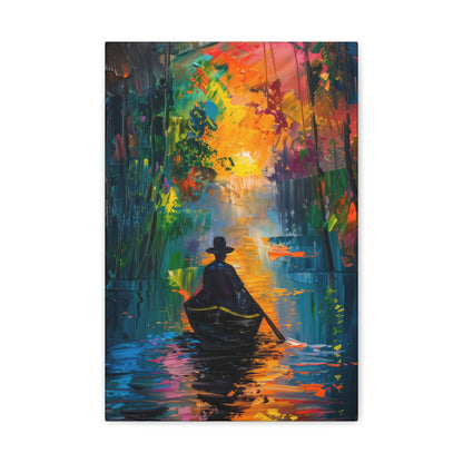 Man Sailing in a Boat in a Autumn Forest River - Claude Monet Style Digital Print Canvas Gallery Wraps