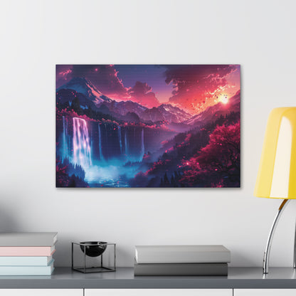 Dreamy Landscape Sunset with Waterfall and Mountains - Digital Illustration Canvas Gallery Wraps