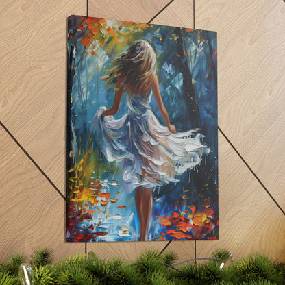 girl walking in the street wearing white dress - Leonid Afremov Style Digital Print Canvas Gallery Wraps