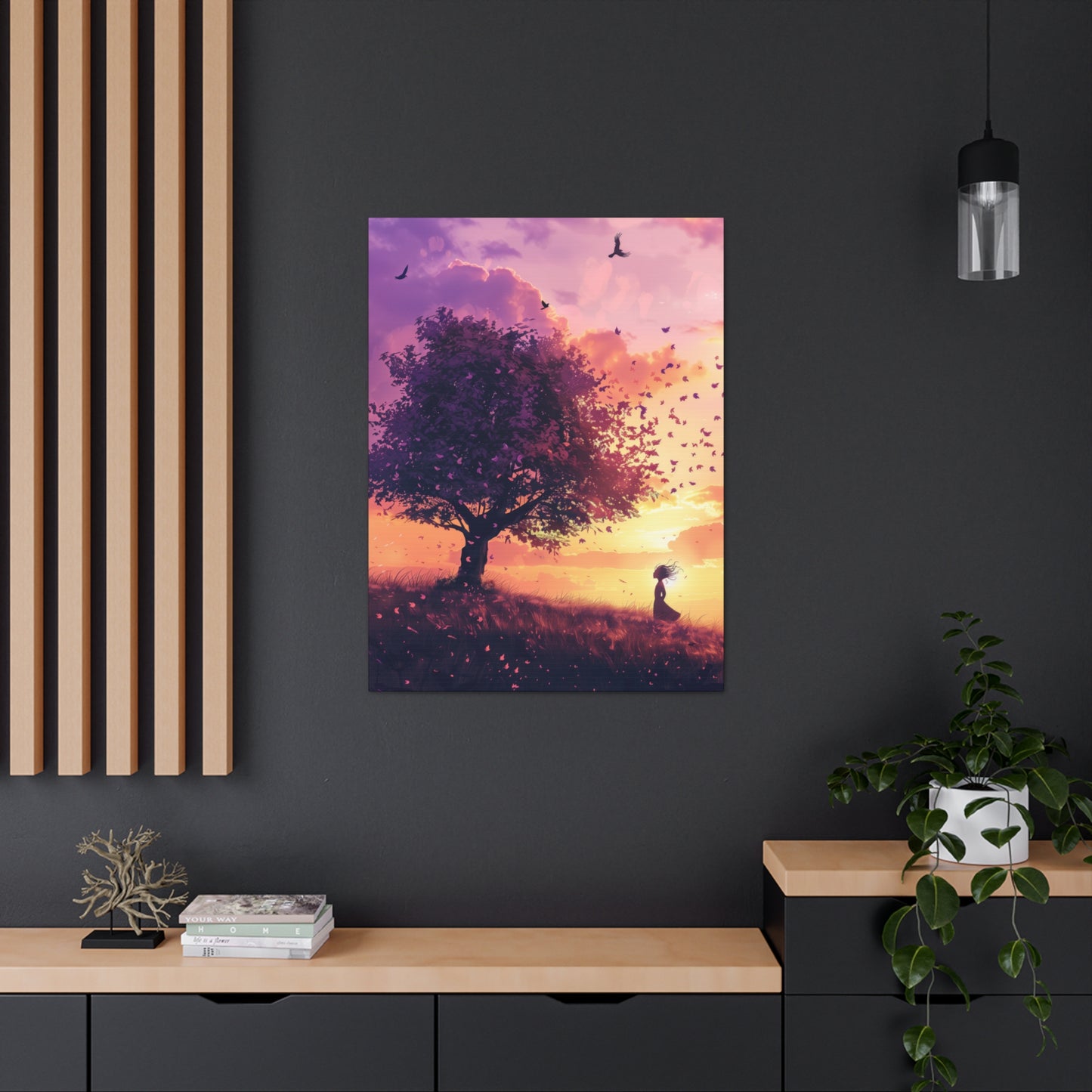 Tree in a Purple Sunset Digital Illustration Canvas Gallery Wraps