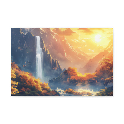 Dreamy Landscape - Waterfall and Mountains in Golden Morning Illustration Canvas Gallery Wraps