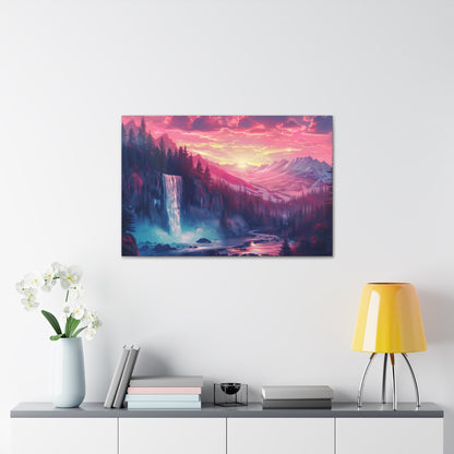 Dreamy Landscape with Waterfall and Mountains - Purple Evening Digital Illustration Canvas Gallery Wraps