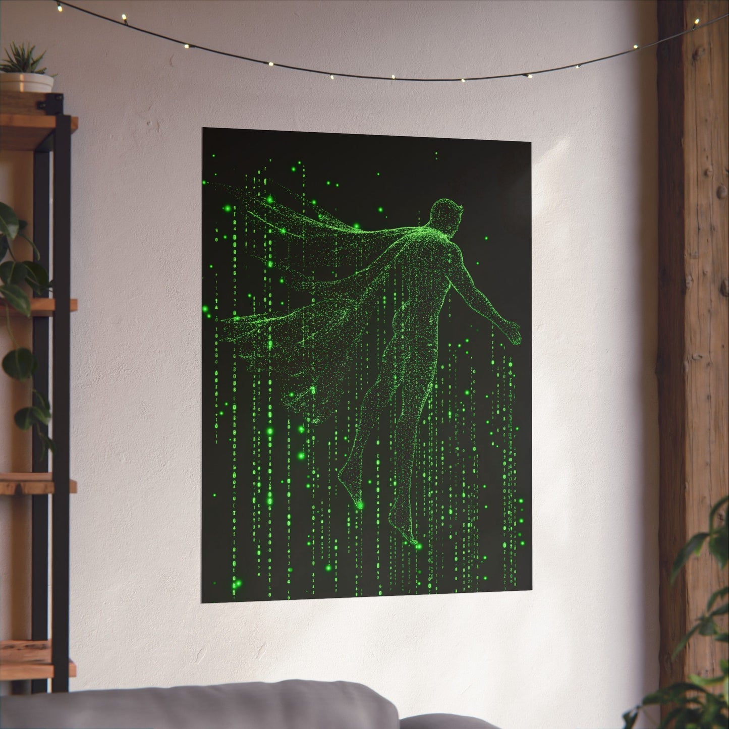 Neon Code Guardian: 3D Glitch Superman Matrix Effect - Digital Illustration Matte Vertical Poster