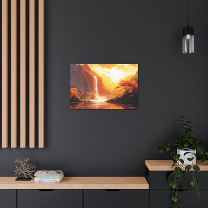 Dreamy Landscape Sunset with Waterfall and Mountains - Digital Illustration Canvas Gallery Wraps