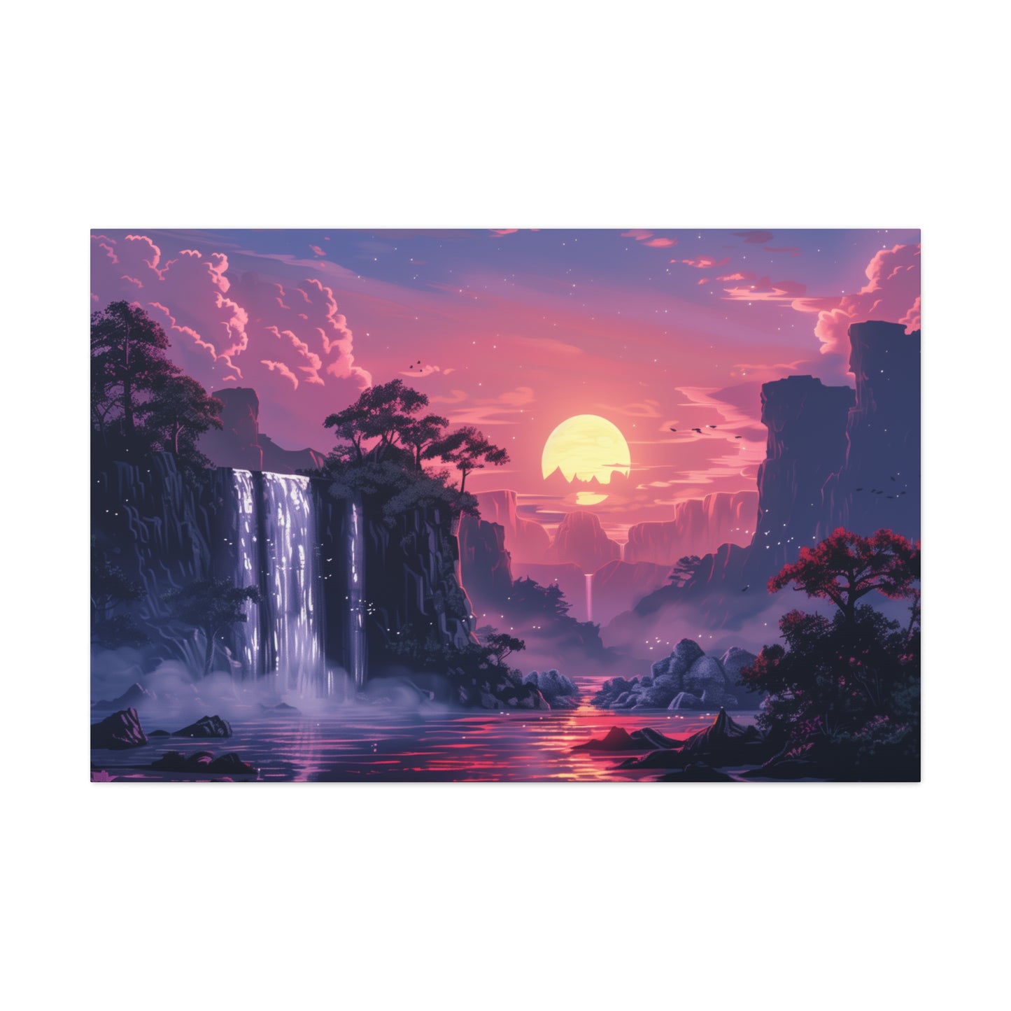 Dreamy Landscape with Waterfall and Mountains - Purple Evening Digital Illustration Canvas Gallery Wraps