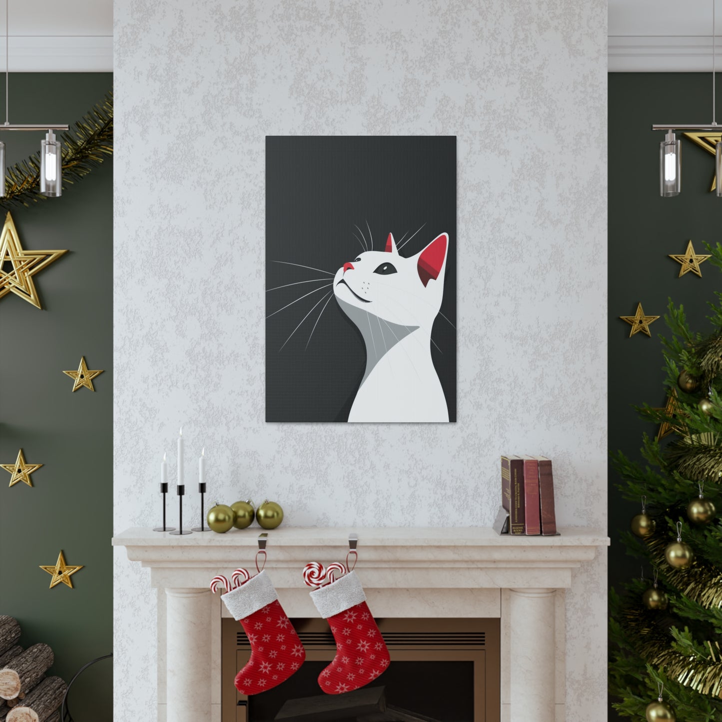 White Cat in Black Background Digital Illustration Canvas Gallery Wraps