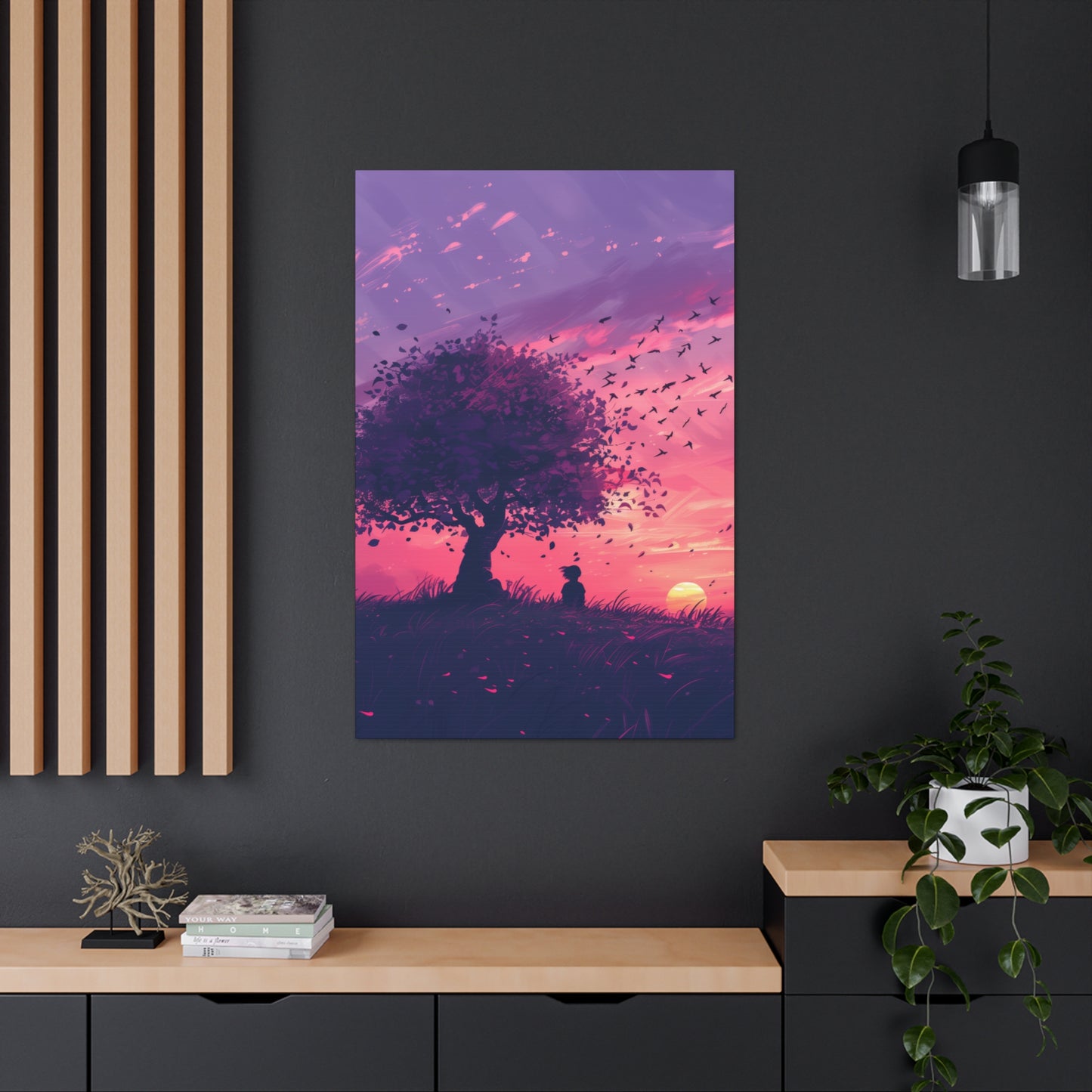 Tree in a Purple Sunset Digital Illustration Canvas Gallery Wraps