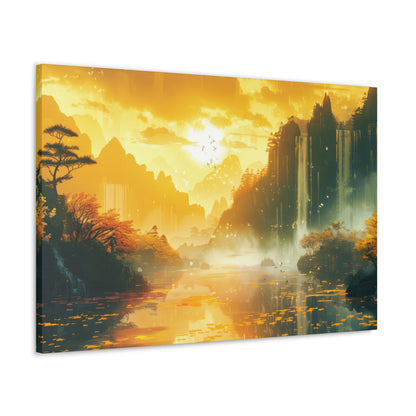 Dreamy Landscape Sunset with Waterfall and Mountains - Digital Illustration Canvas Gallery Wraps