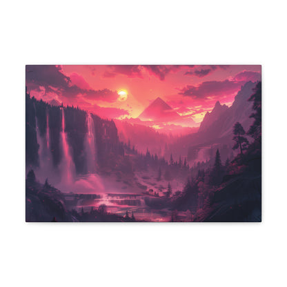 Dreamy Landscape with Waterfall and Mountains - Purple Evening Digital Illustration Canvas Gallery Wraps