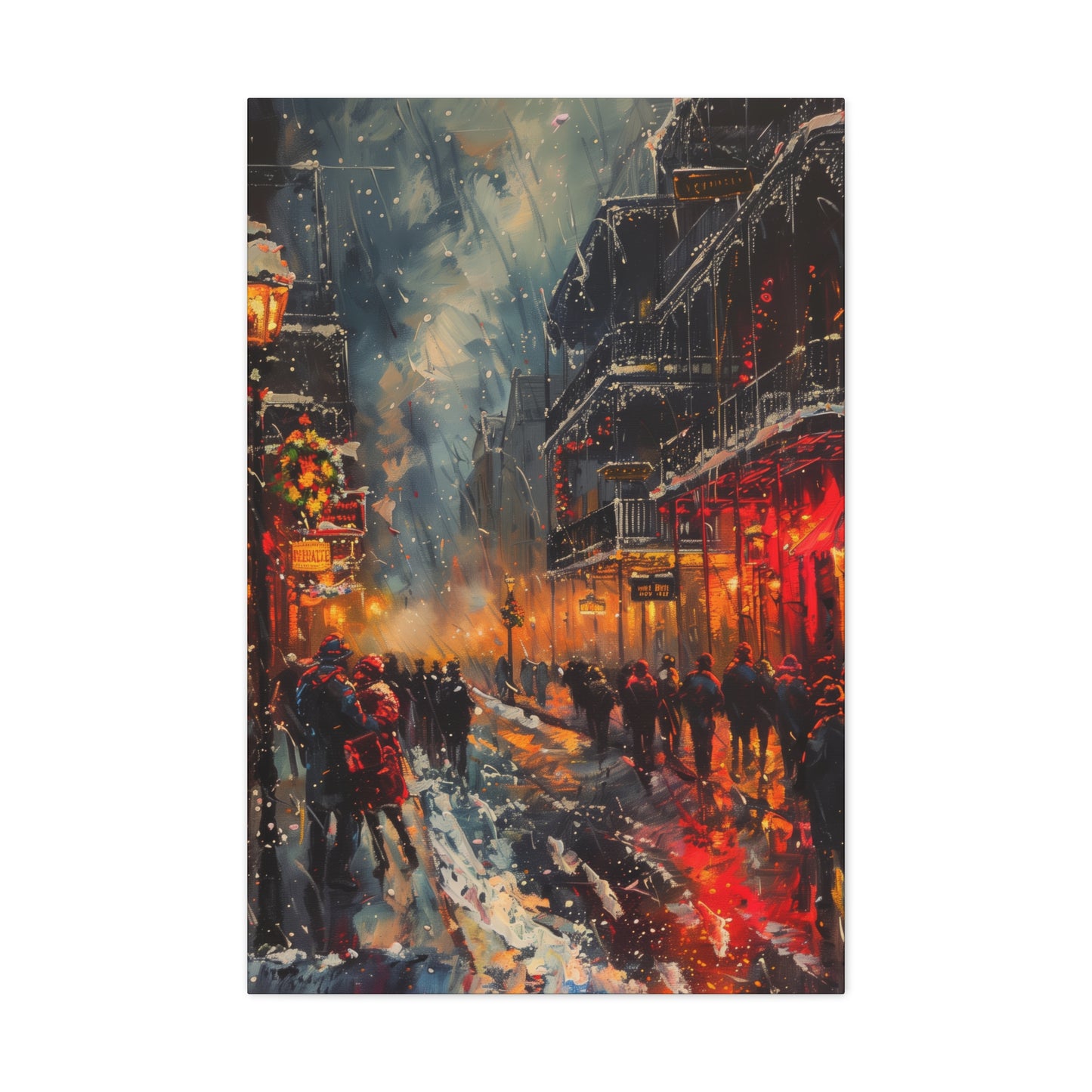 Christmas Street Corner with People in Downtown - Rembrandt Style Digital Oil Painting Canvas Gallery Wraps