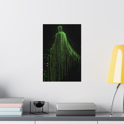 Neon Code Guardian: 3D Glitch Superman Matrix Effect - Digital Illustration Matte Vertical Poster