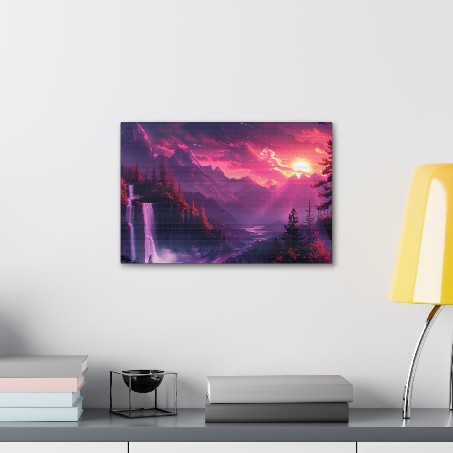 Dreamy Landscape with Waterfall and Mountains - Purple Evening Digital Illustration Canvas Gallery Wraps