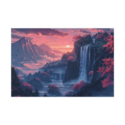 Dreamy Landscape Sunset with Waterfall and Mountains - Digital Illustration Canvas Gallery Wraps