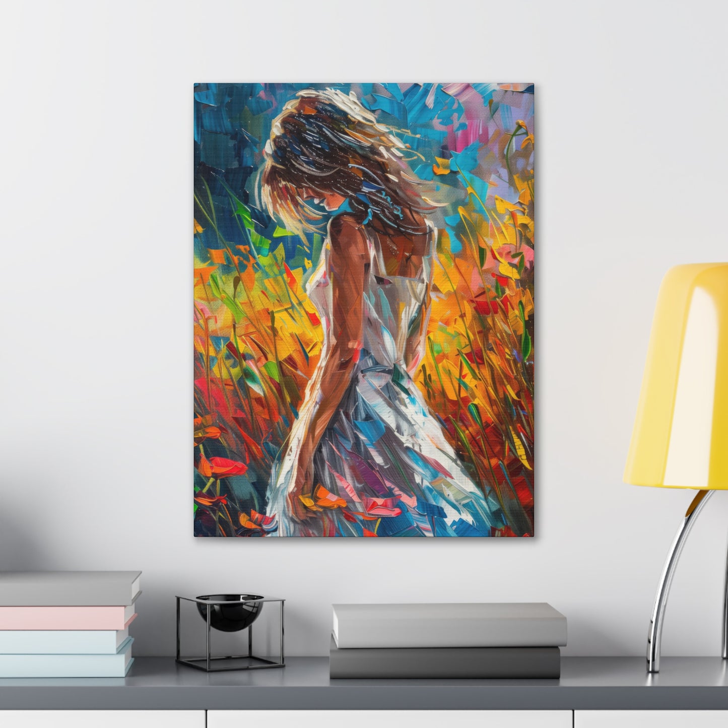 a girl standing in flower field Digital Oil Painting Print Canvas Gallery Wraps