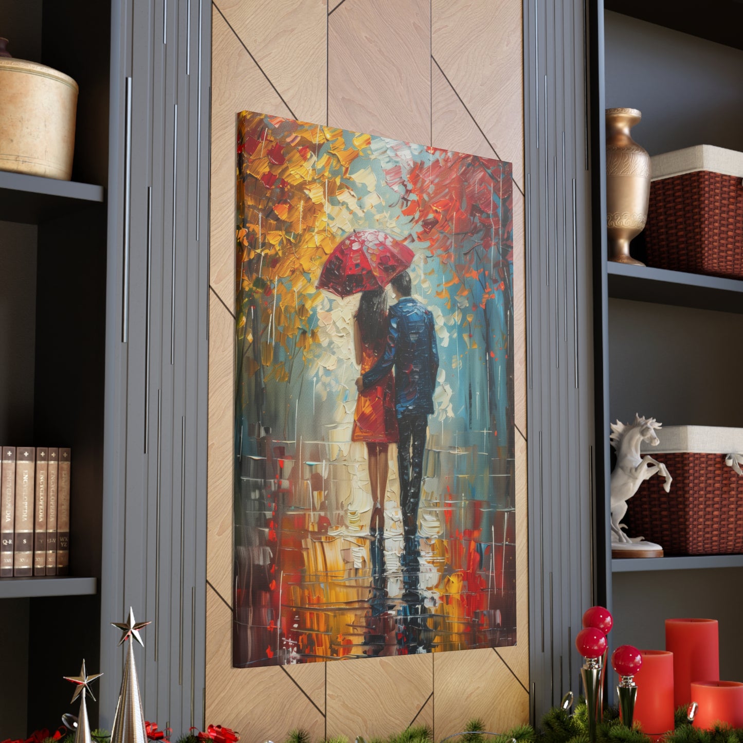 lovely couple holding a umbrella in rain - Leonid Afremov Style Digital Print Canvas Gallery Wraps