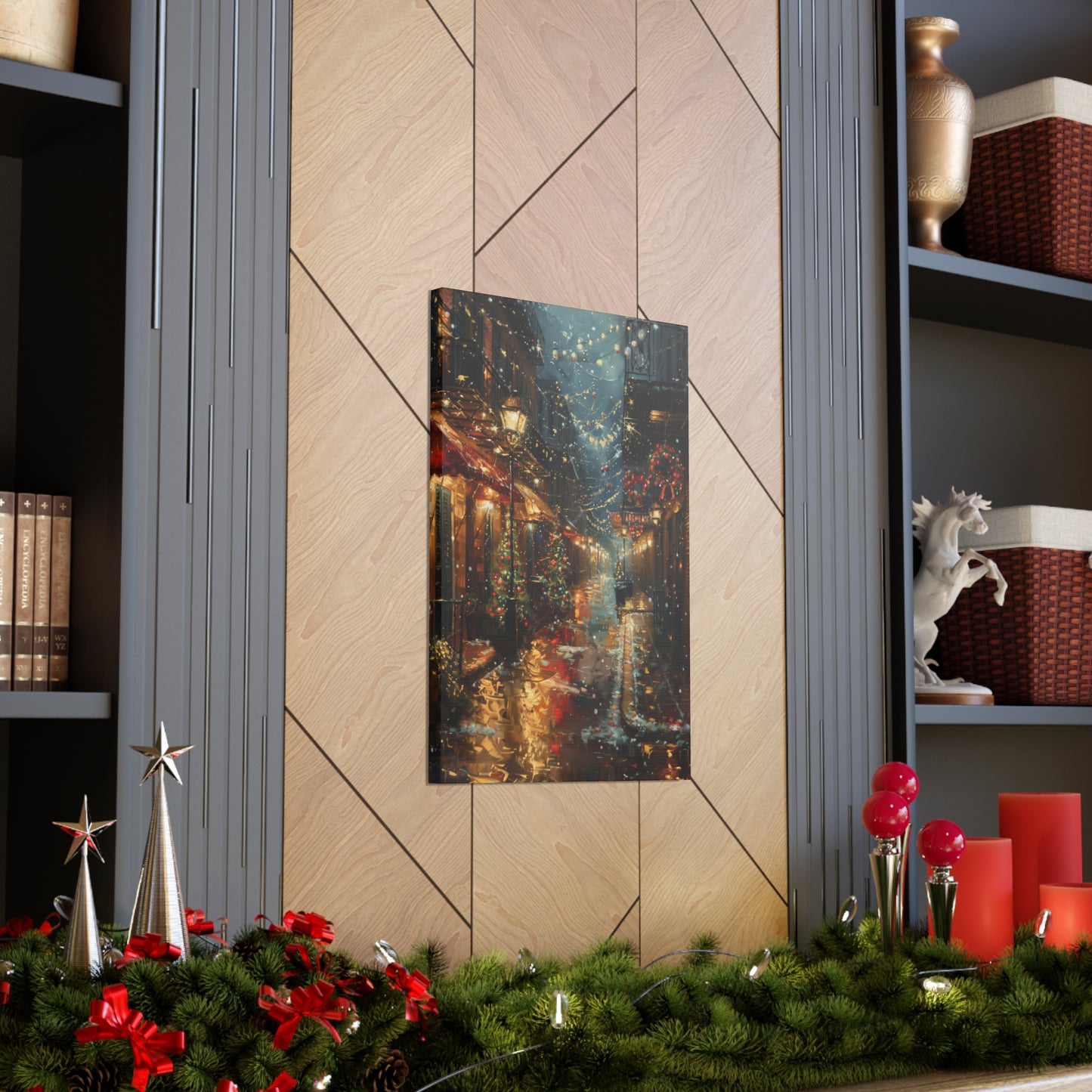 Christmas Time Downtown Street Corner - Rembrandt Style Digital Oil Painting  Canvas Gallery Wraps