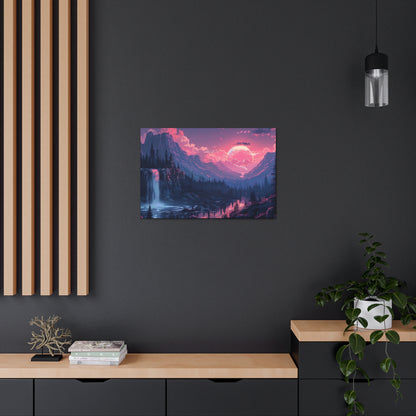 Dreamy Landscape Sunset with Waterfall and Mountains -  Digital Illustration Canvas Gallery Wraps