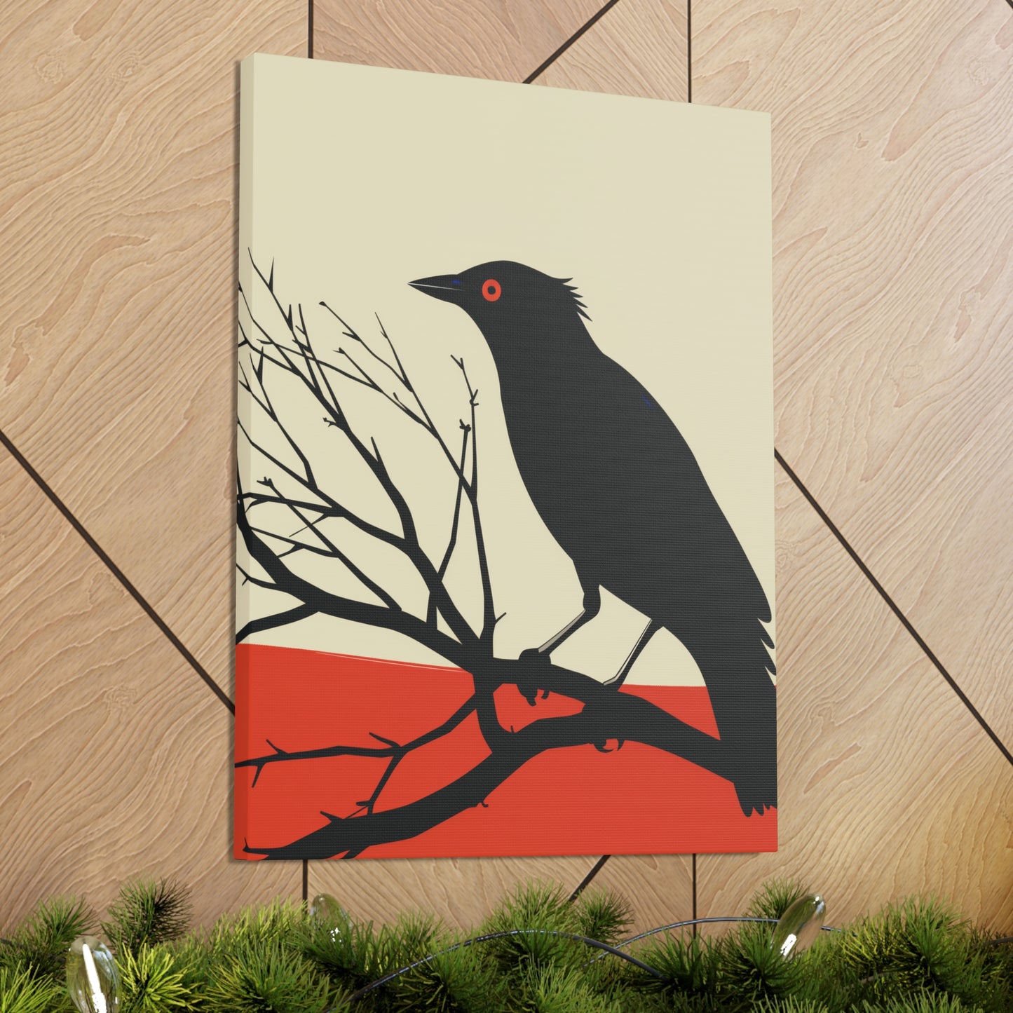 Black Bird Sitting on a Branch Digital Illustration Canvas Gallery Wraps