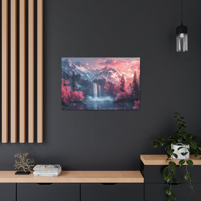 Dreamy Landscape Sunset with Waterfall and Mountains - Digital Illustration Canvas Gallery Wraps