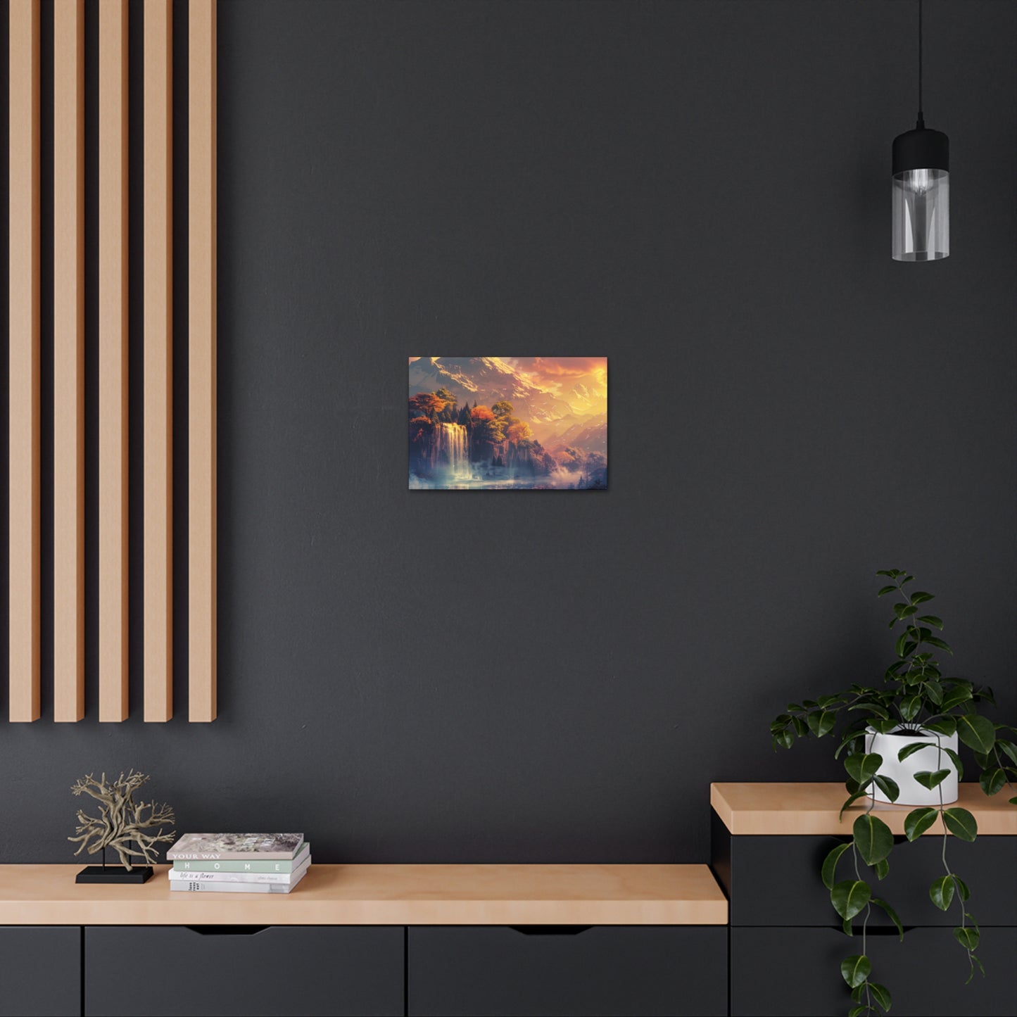 Dreamy Landscape Sunset with Waterfall and Mountains - Digital Illustration Canvas Gallery Wraps