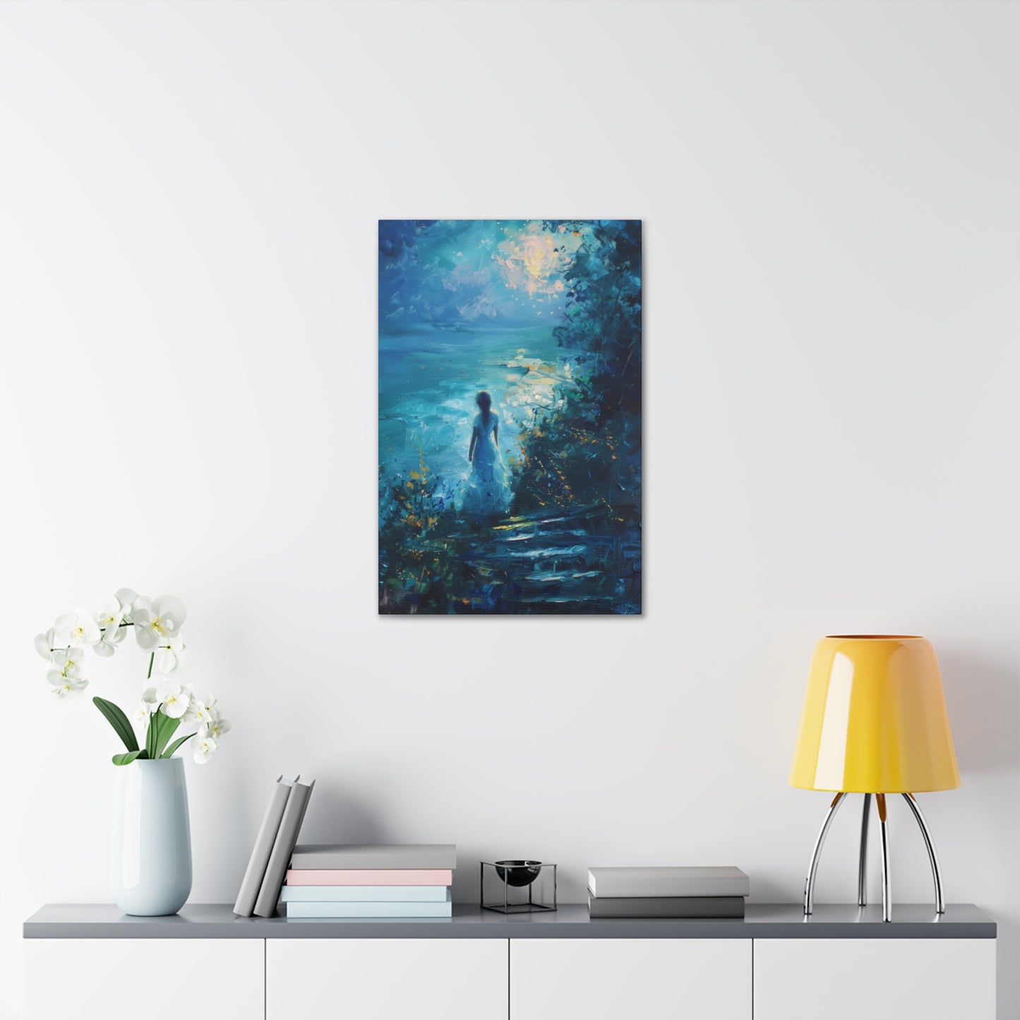 Woman looking at sea night time Digital Oil Painting Print Canvas Gallery Wraps