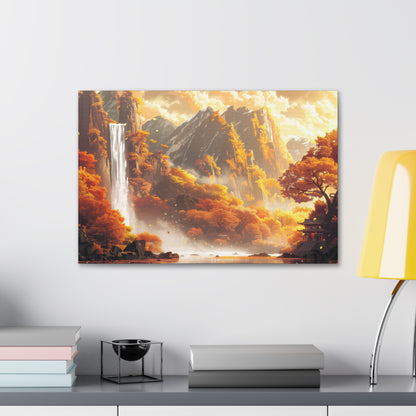 Dreamy Landscape Sunset with Waterfall and Mountains - Digital Illustration Canvas Gallery Wraps